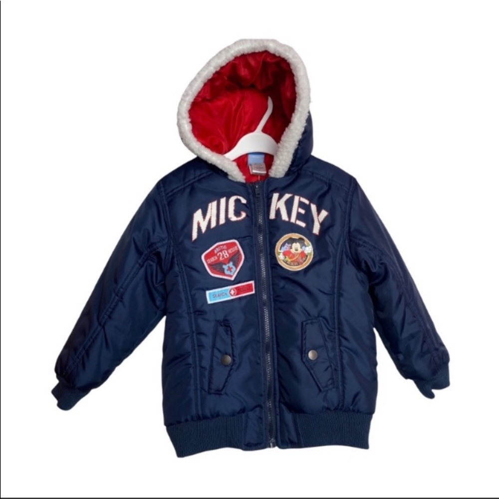 Disney Mickey Mouse Puffer Jacket Boys Size 5 Blue Hooded Search Rescue Patches